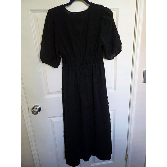 Boho Black Midi Dress S 3/4 Puff Sleeve 3D Textured Rosettes Smocked Waist - Picture 2 of 5